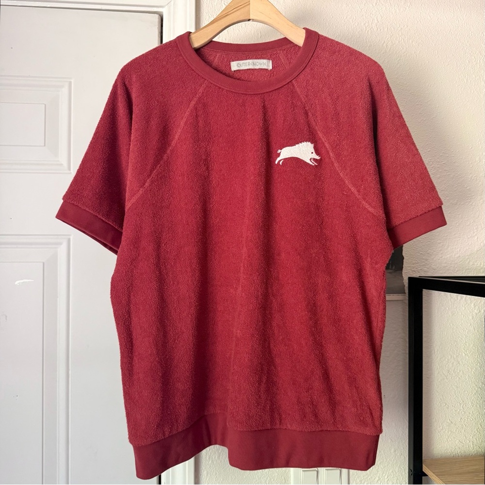 OUTERKNOWN rust red hog embroidered‎ raglan short sleeve terry cloth sweater